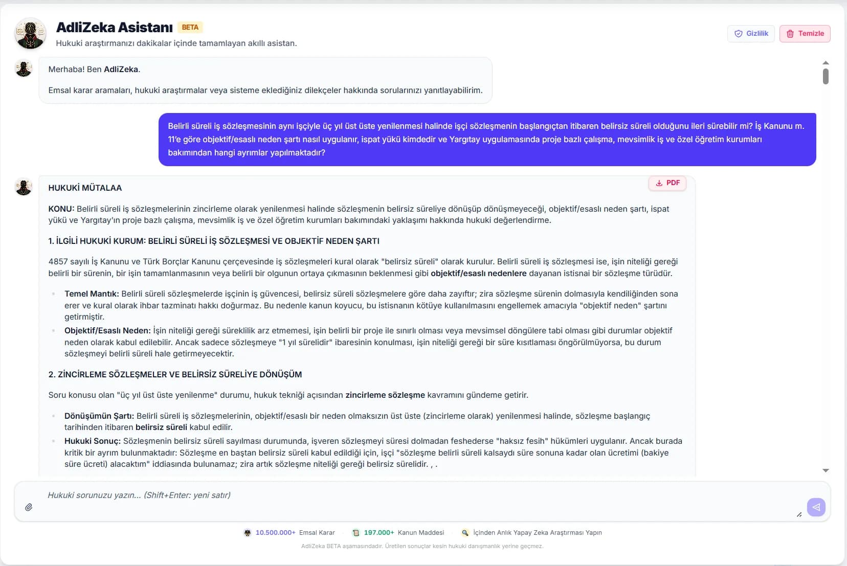 AdliZeka Asistanı kaynaklı hukuki cevap ve kullanılan mevzuat ekranı
